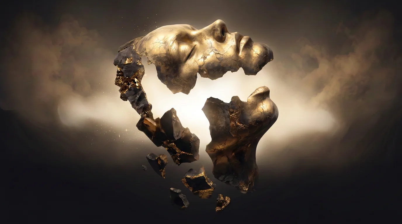 A serene golden mask rising horizontally as dark mineral armour falls away beneath it