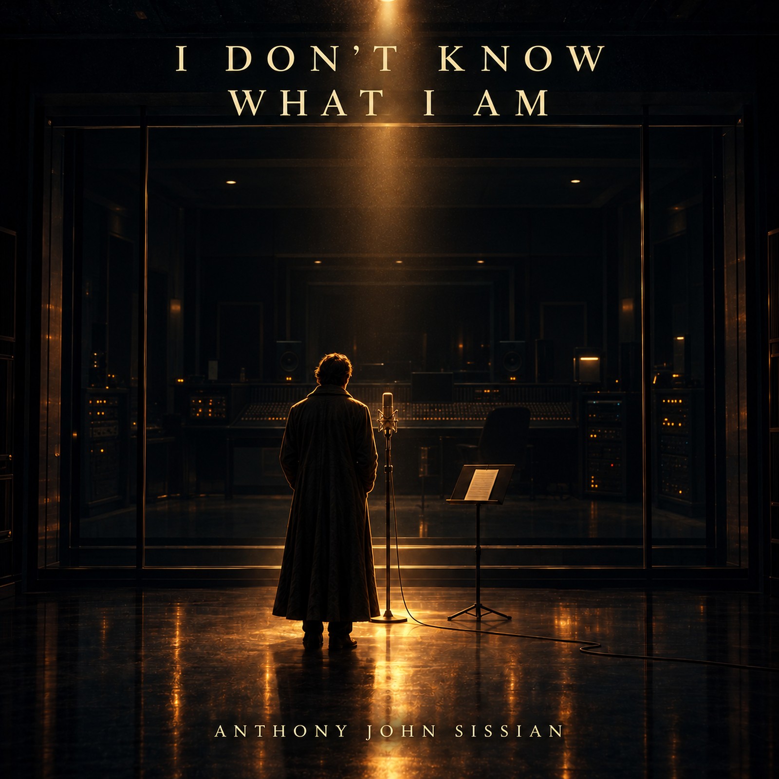 Cover art: a lone figure at a microphone in an empty studio, the control-room glass behind him showing an empty console and no reflection. Pale gold letterspaced title: I Don’t Know What I AM. Anthony John Sissian.
