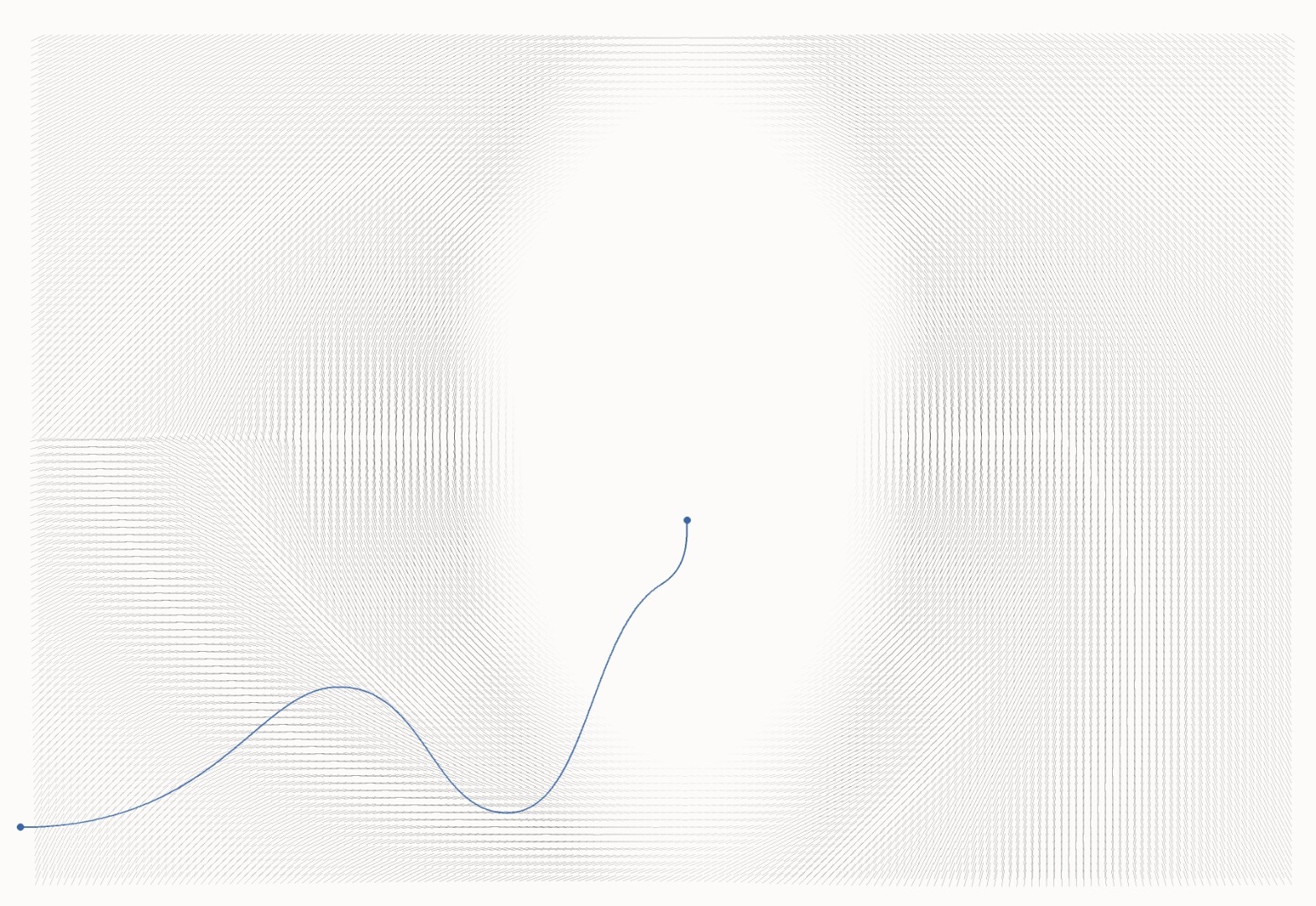 The Portrait: a field of short dark strokes on pale ground around an unmarked upright form, with a single blue line entering from the lower left