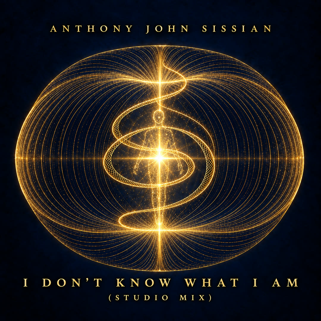 Cover art: a lone figure at a microphone in an empty studio, the control-room glass behind him showing an empty console and no reflection. Pale gold letterspaced title: I Don’t Know What I AM. Anthony John Sissian.